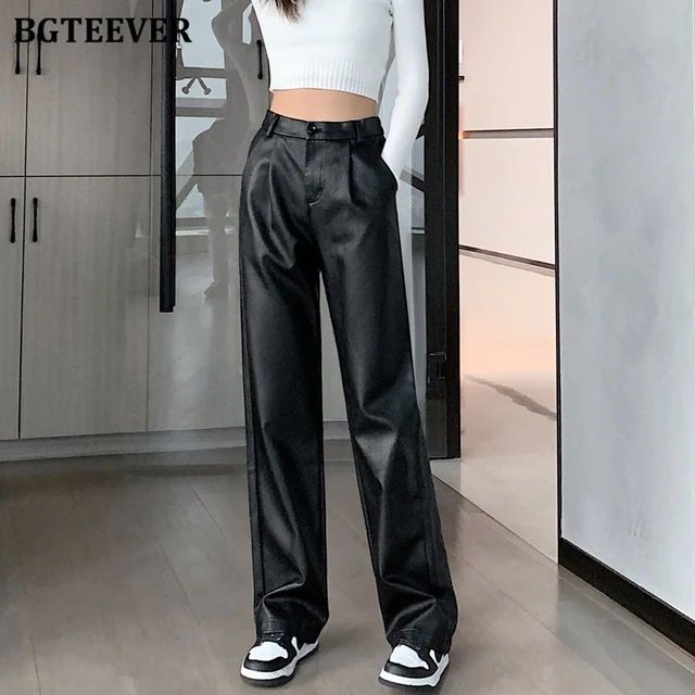 Стильные шикарные свободные женские брюки BGTEEVER из искусственной кожи, Осень-зима, новые модные женские прямые брюки из искусственной кожи с высокой талией 1