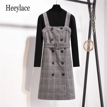 

plus size Autumn Winter Two piece set Casual O-neck Solid Sweater Knitting Top + Sling Dress Button Belt Plaid Set 2 Piece Set