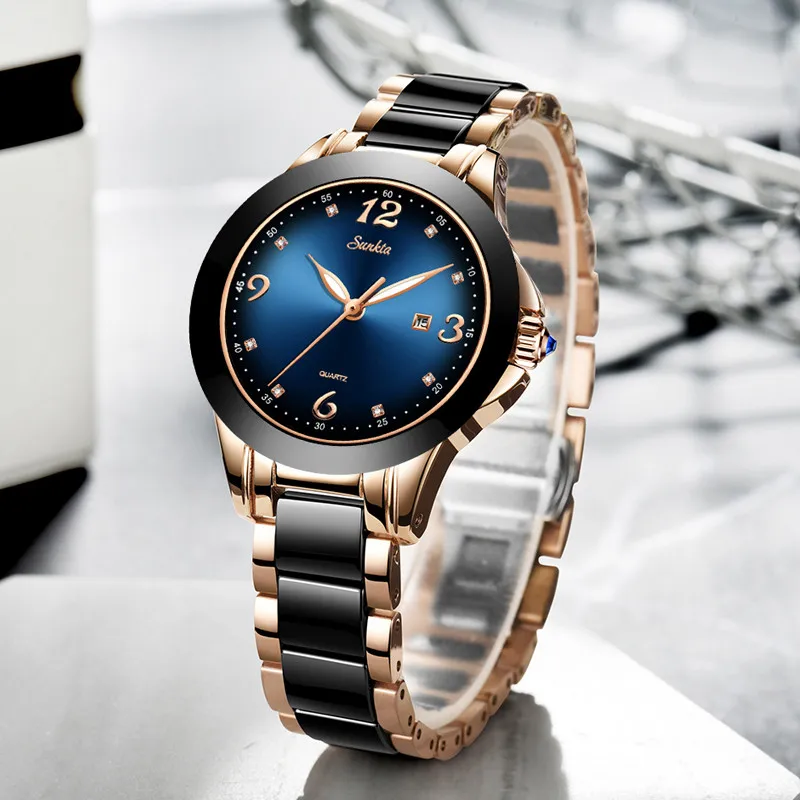 SUNKTA женские часы Лидирующий бренд Роскошные Стразы керамические спортивные кварцевые часы женские синие водонепроницаемые часы Relogio Feminino+ коробка