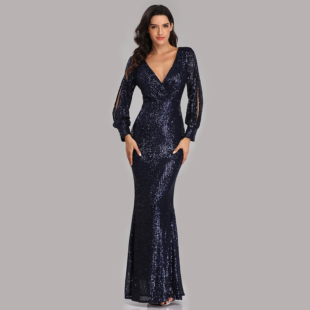 Sexy V-neck Mermaid Evening Dress Long Formal Prom Party Gown Full Sequins long Sleeve Women Dresses