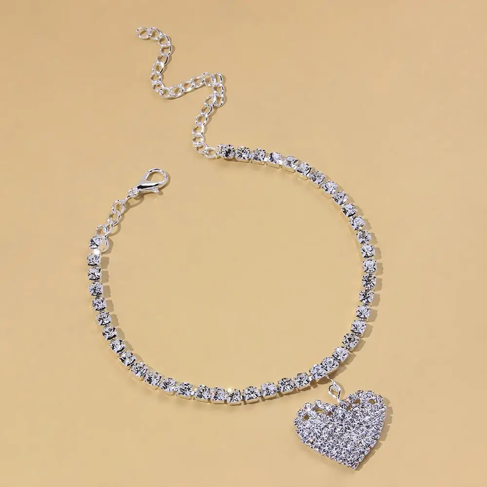 Stonefans Fashion Heart Rhinestone Anklets Jewelry for Women Beach Barefoot Love Pendant Anklet Bracelet Leg Chain