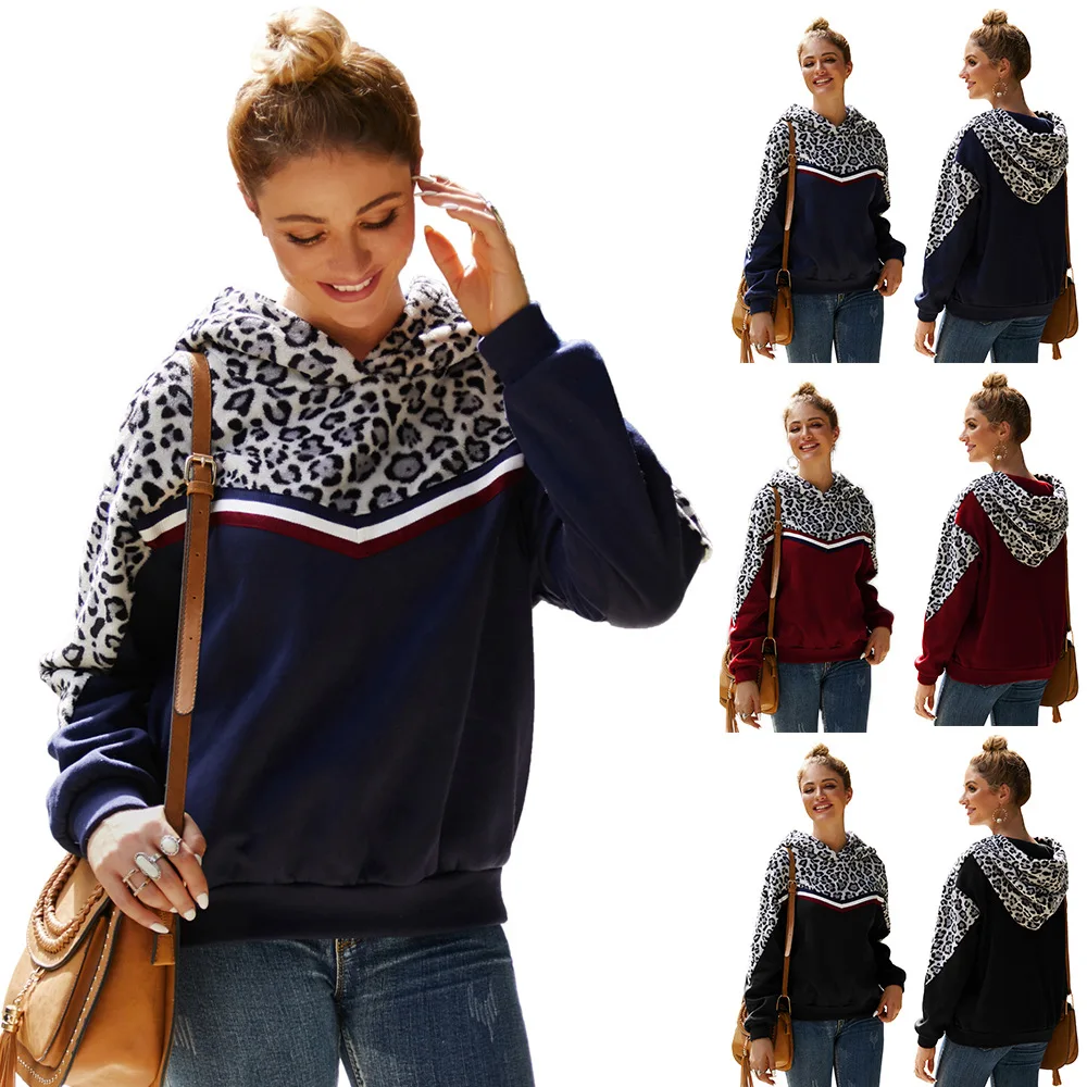 

Women Casual Coat Patchwork Leopard Long-sleeved Hooded Sweatshirts Women