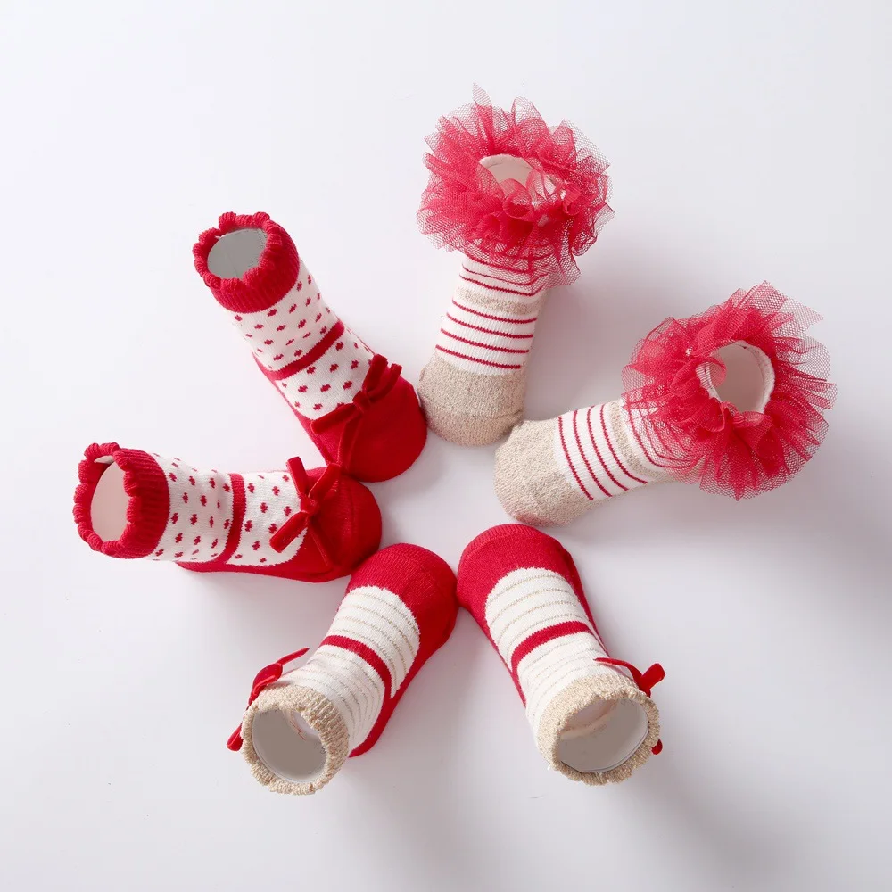 

Christmas Stockings Gift Packing 3 Double Newborns Socks Bright Red Bow Gauze Holiday Modeling Year BABY'S Socks INS
