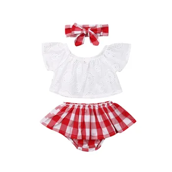 3Pcs Set 0-24M Newborn Baby Girl Clothes Cute Summer Off Shoulder Lace Tops+ Red Plaid Short Dress Headband Outfit 5
