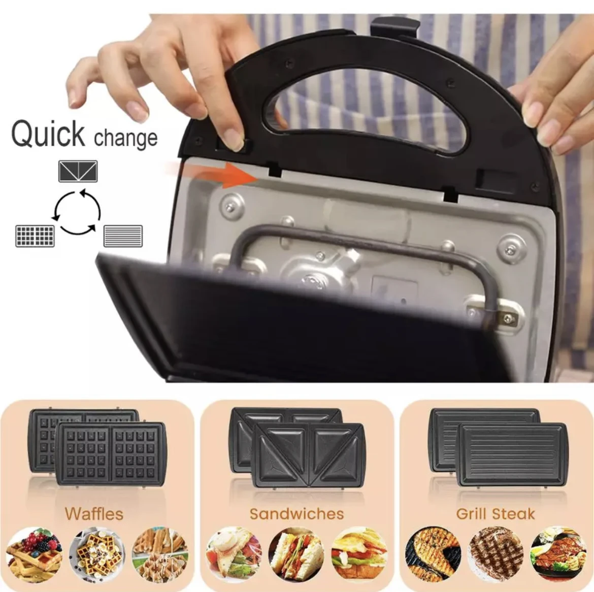 3 in 1 Sandwich Maker, Waffle Maker and Sandwich Grill with 3 Detachable  Non-Stick Plates, Nahomy 