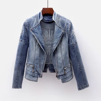 

Stretch Denim Jacket Women's 2019 Spring and Autumn New Embroidery Sequins Short Jeans Jacket Long-sleeved Cowboy Coats