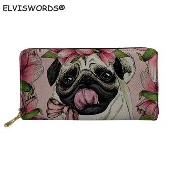 

ELVISWORDS Leather Wallets Women Pug Dog Printed Long Ladies ID Caed Holder Cash Phone Coin Case Money Bags Custom Logo Purse