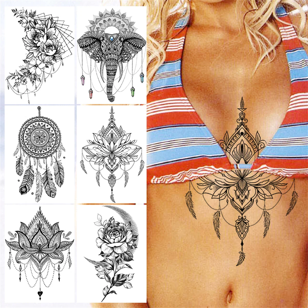 

Lotus Flower Henna Temporary Tattoos For Women Girls Tribal Dreamcatcher Tattoo Sticker Black Fake Jewelry Elephant Tatoos Chest