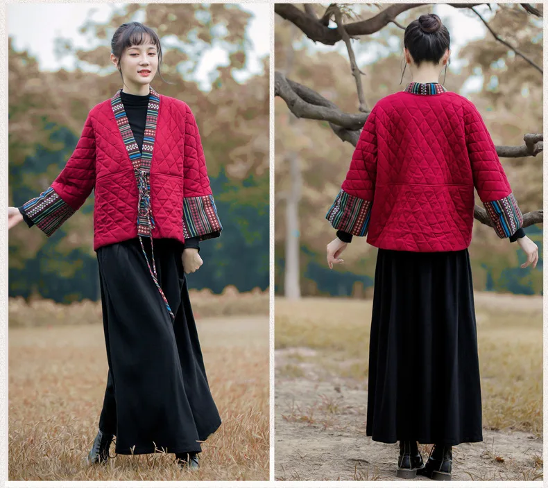 LZJN Новинка Осень Зима хлопок лен китайский стиль Hanfu Бандажное стеганое легкое лоскутное женское короткое пальто