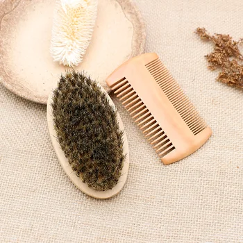 

High Quality Soft Boar Bristle Wood Beard Brush Hairdresser Shaving Tool Men Mustache Comb Kit With Gift Bag Beard Hair Comb Set
