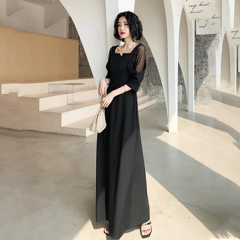 Женское платье в стиле пэчворк, Qipao, элегантное вечернее платье, сексуальное, черное, перспективное, с пышными рукавами, Cheongsam, квадратный воротник, а-силуэт, Vestidos