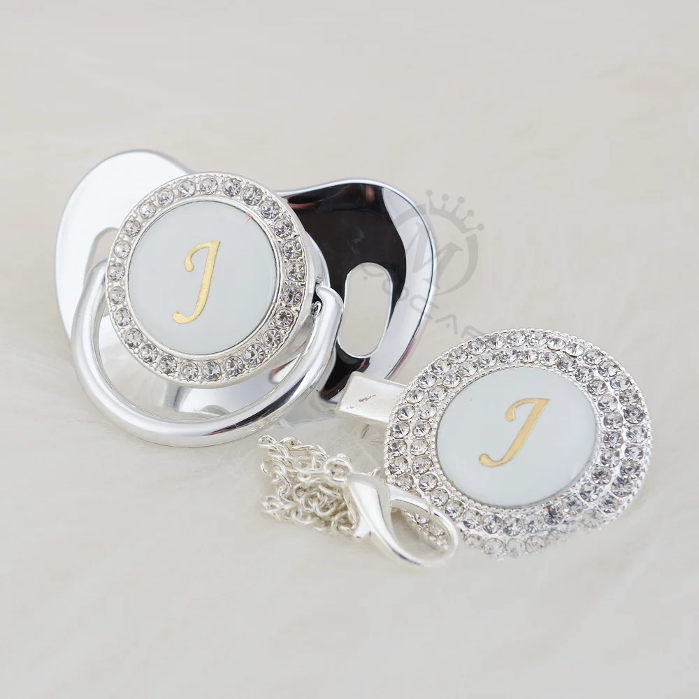 Miyocar Silver Bling Pacifier And Pacifier Clip Set Name Initials