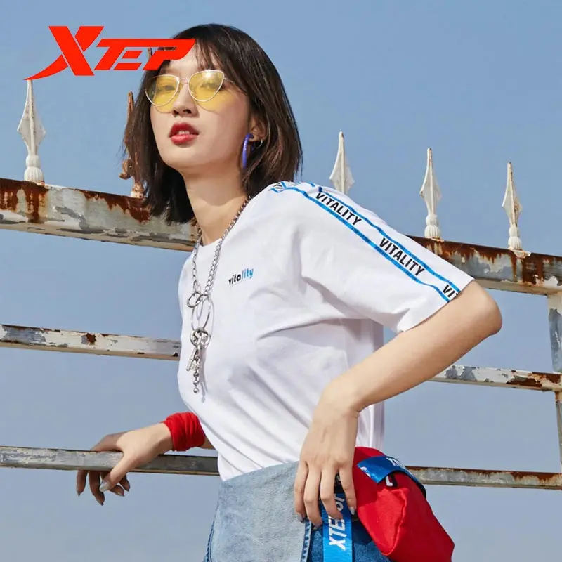 Xtep Женская Повседневная белая футболка хлопковая женская летняя с круглым