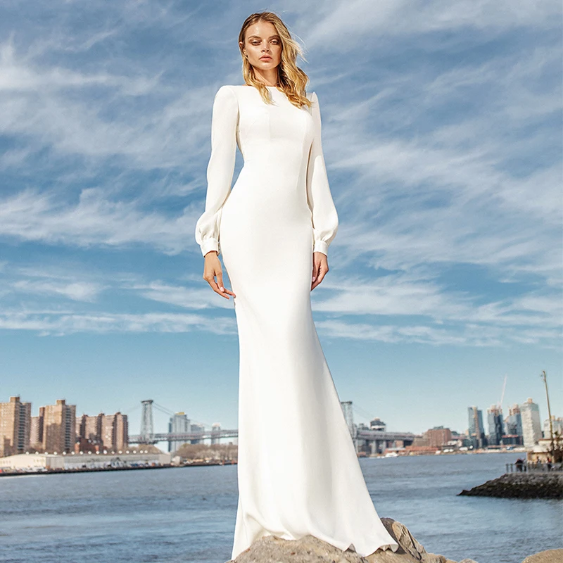 

Thinyfull Long Sleeves Mermaid Wedding Dresses Bohemian Satin Simple Backless Country Beach Bridal Gowns Abiti Da Sposa 2021