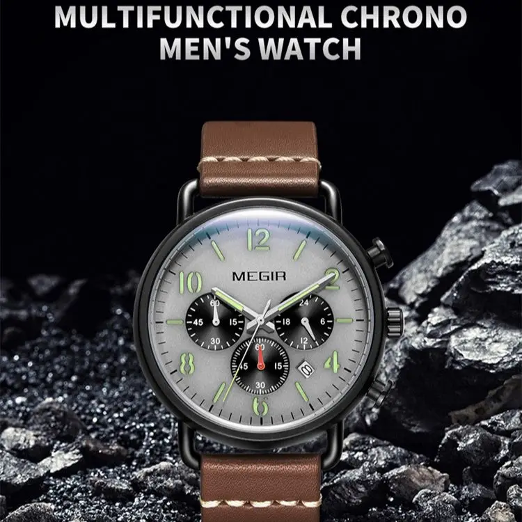 

Часы MEGIR мужские с хронографом, водонепроницаемые, полностью стальные, с кожаным ремешком
