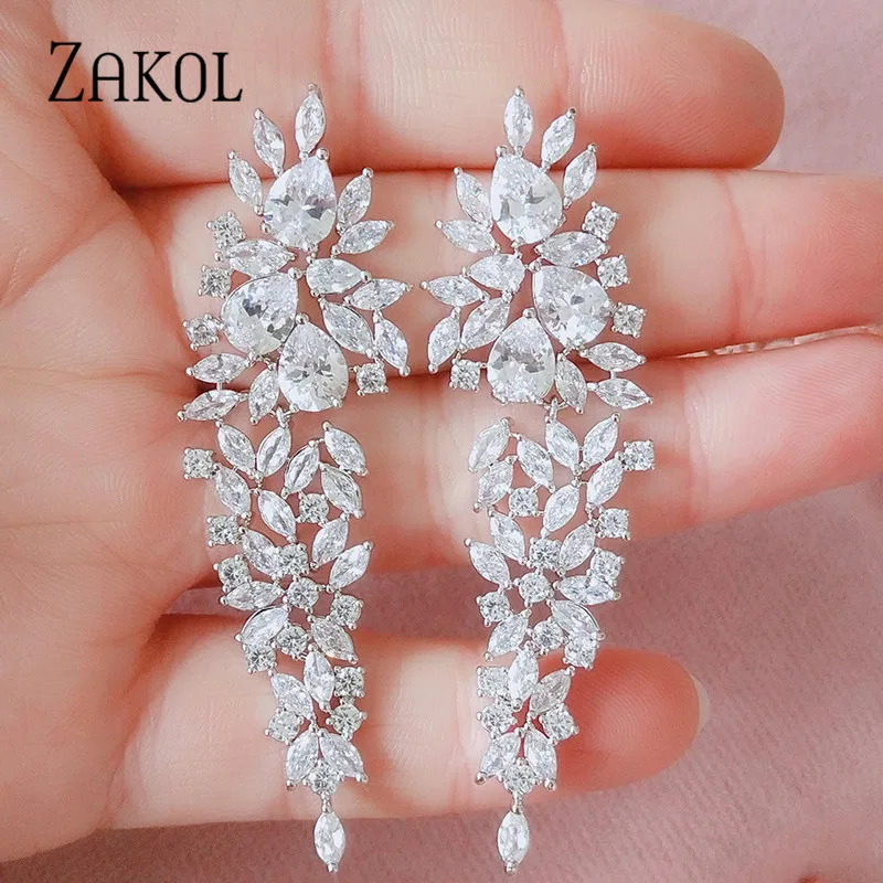 Роскошные Длинные серьги подвески ZAKOL с фианитом в форме маркиза свадебные
