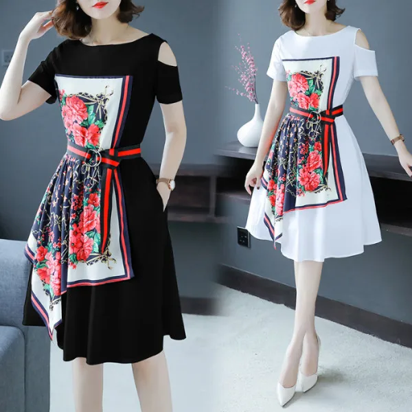 

Ozhouzhan 2019 Summer New Style European Goods Ethnic-Style Printed Joint off-Shoulder Waist Hugging Dress Elegant Skirt Fashion