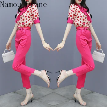 

New Brand OL Work Wear 2 pieces Sets Sweet Love print Bow Lace-up Chiffon Shirts and Solid Pencil Pants Suits Casual Outfits