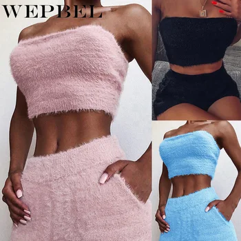

WEPBEL Women's Solid Color Solid Color Two-Piece Suit Summer Sleeveless Strapless Short Top + High Waist Straight Shorts Suit