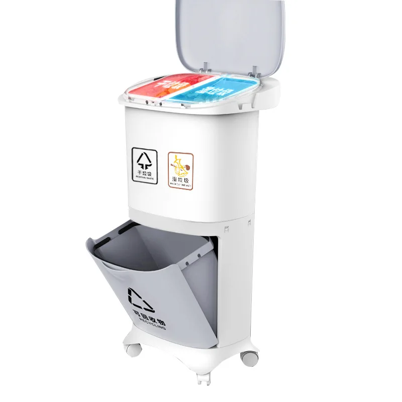 

New Home 1/2/3 Layer Classification Trash Bin Kitchen Plastic Dustbin Wet and Dry Recycle Stacked Sorting Rubbish Can With Wheel