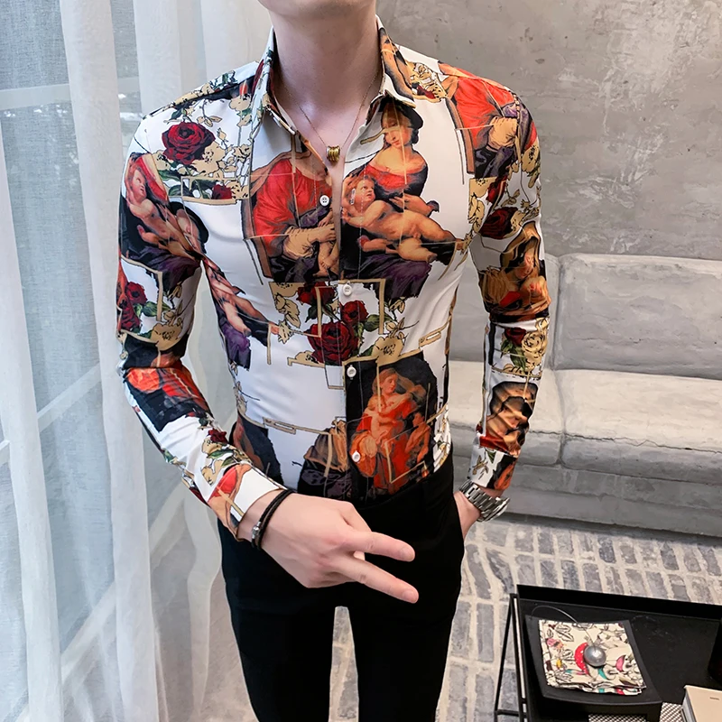 Pull De Noel Humoristique Print Shirt Long Sleeve Camisa Masculina Chemise Homme Social Men Club Prom Shirt Kemeja Pria Black