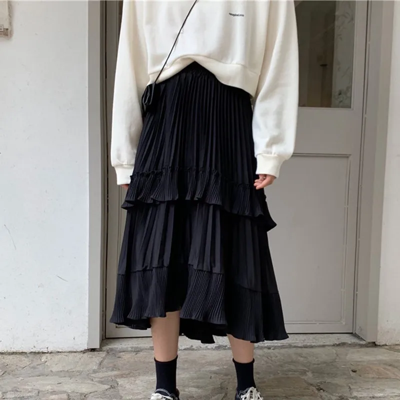 Женские однотонные юбки с высокой талией для девушек, женские элегантные темпераментные плиссированные модные шикарные осенние юбки