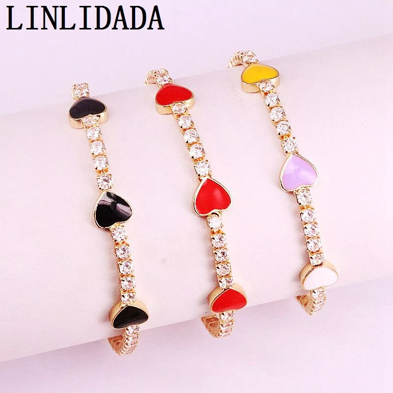 12 шт. позолоченный Модный милый эмаль сердце Шарм cz теннисная цепочка браслет для влюбленных женщин модные ювелирные изделия Регулируемая цепочка