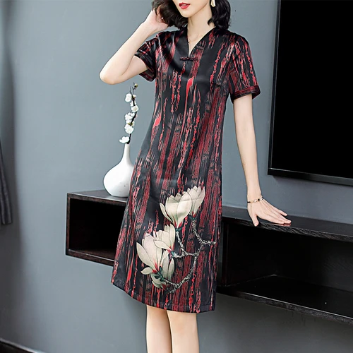 

Summer Dress 2019 Women Silk Mother Dress Vintage Temperament Straight Print V-neck Plus Size Dress Casual Blue 4xl Fashion