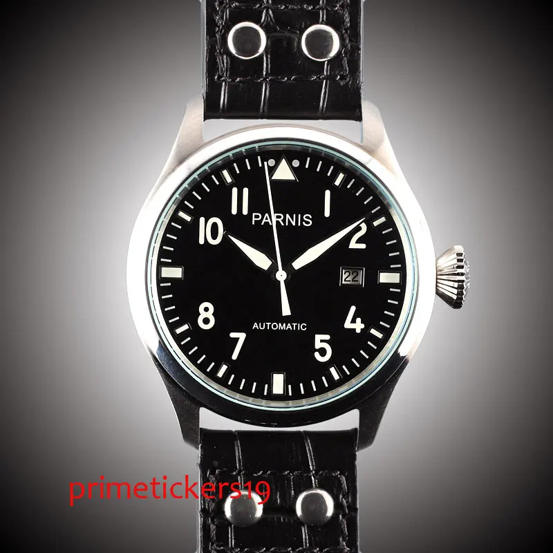 

Automatic 47mm parnis black dial ST 2551 movement date mens watch P38