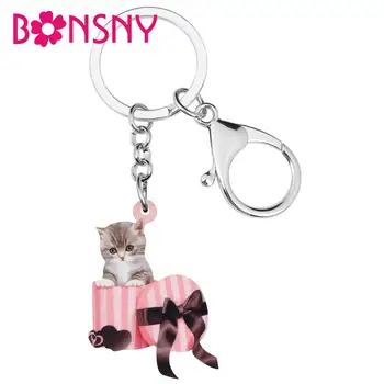 

Bonsny Acrylic Valentine's Day Gift Box Teacup Cat Key Chains Rings Handbag Car Purse Keychains For Women Girl Teen Charms Gift