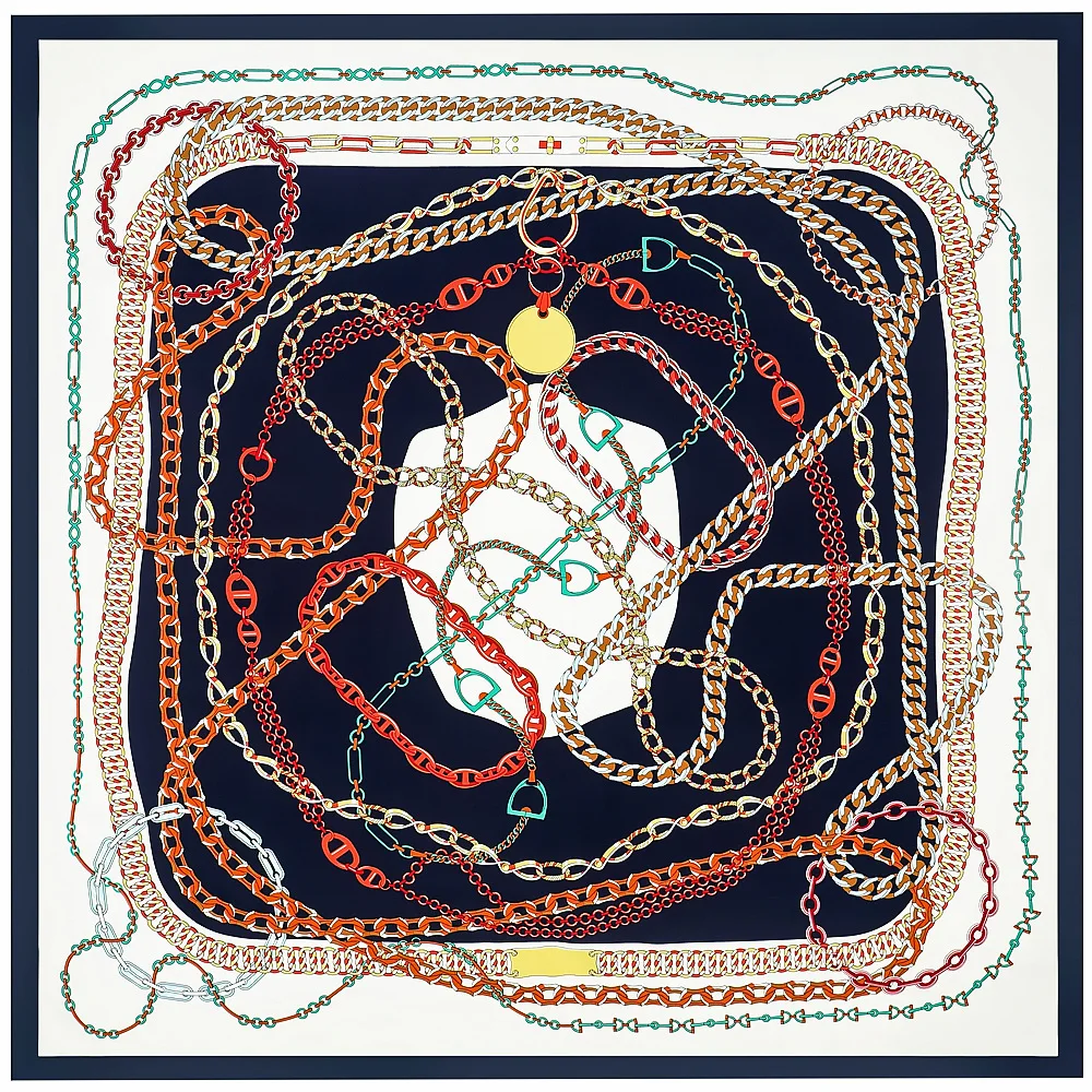 POBING Silk Scarf Women Large Shawls Chain Print Square Bandana Luxury NecKerchief Muslim Hijab Scarf Female Foulards 130CM