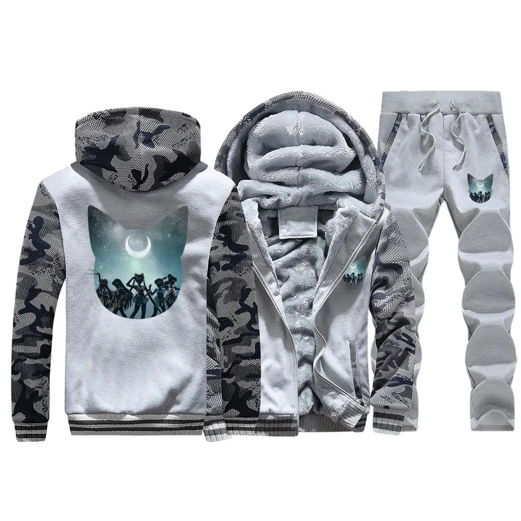 Light Gray Аниме Сейлор Мун, куртка с принтом+ штаны, комплекты из 2 предметов, мужские толстовки, свитшоты, зимний теплый костюм, Мужское пальто, флисовый спортивный костюм, куртки на молнии - Color: Light Gray