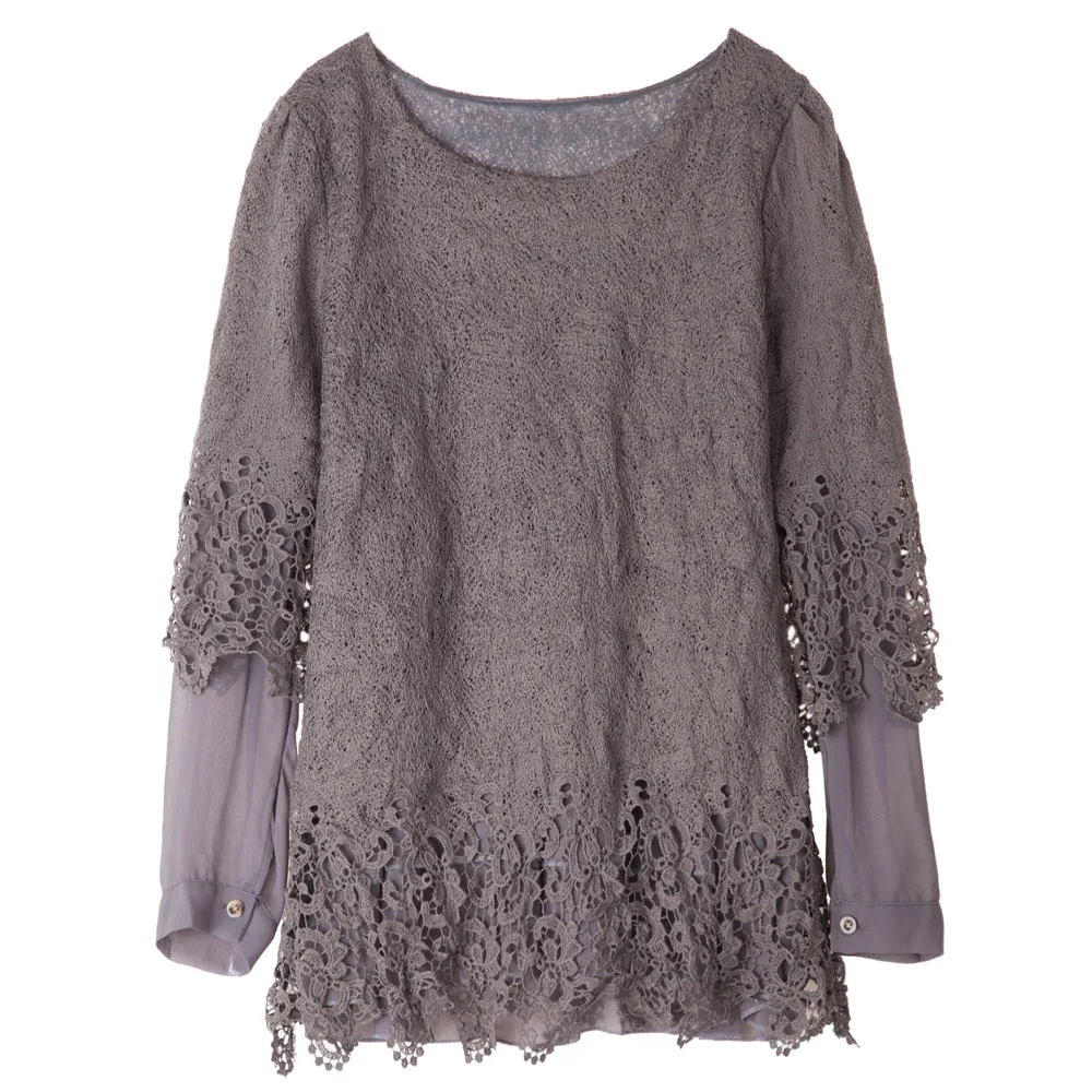 

fashion Long Sleeves Insert Panel Casual Top T-Shirt Medium Korean Version Loose Sweet Lace Stitching Bottoming Female T-Shirts