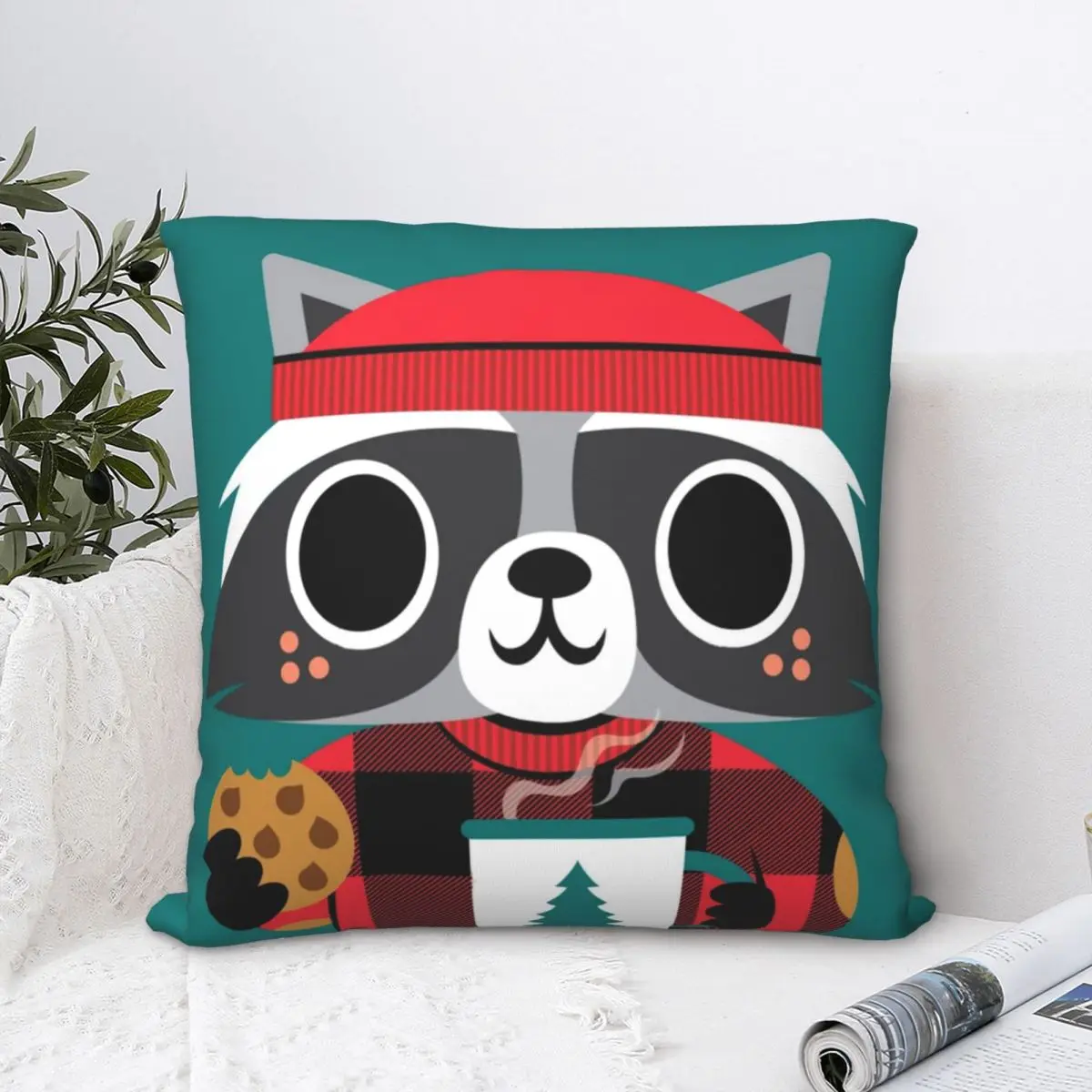 

Квадратный чехол для подушки в клетку енот фарро, забавный декоративный чехол для подушки на молнии для дома из полиэстера, простой чехол дл...