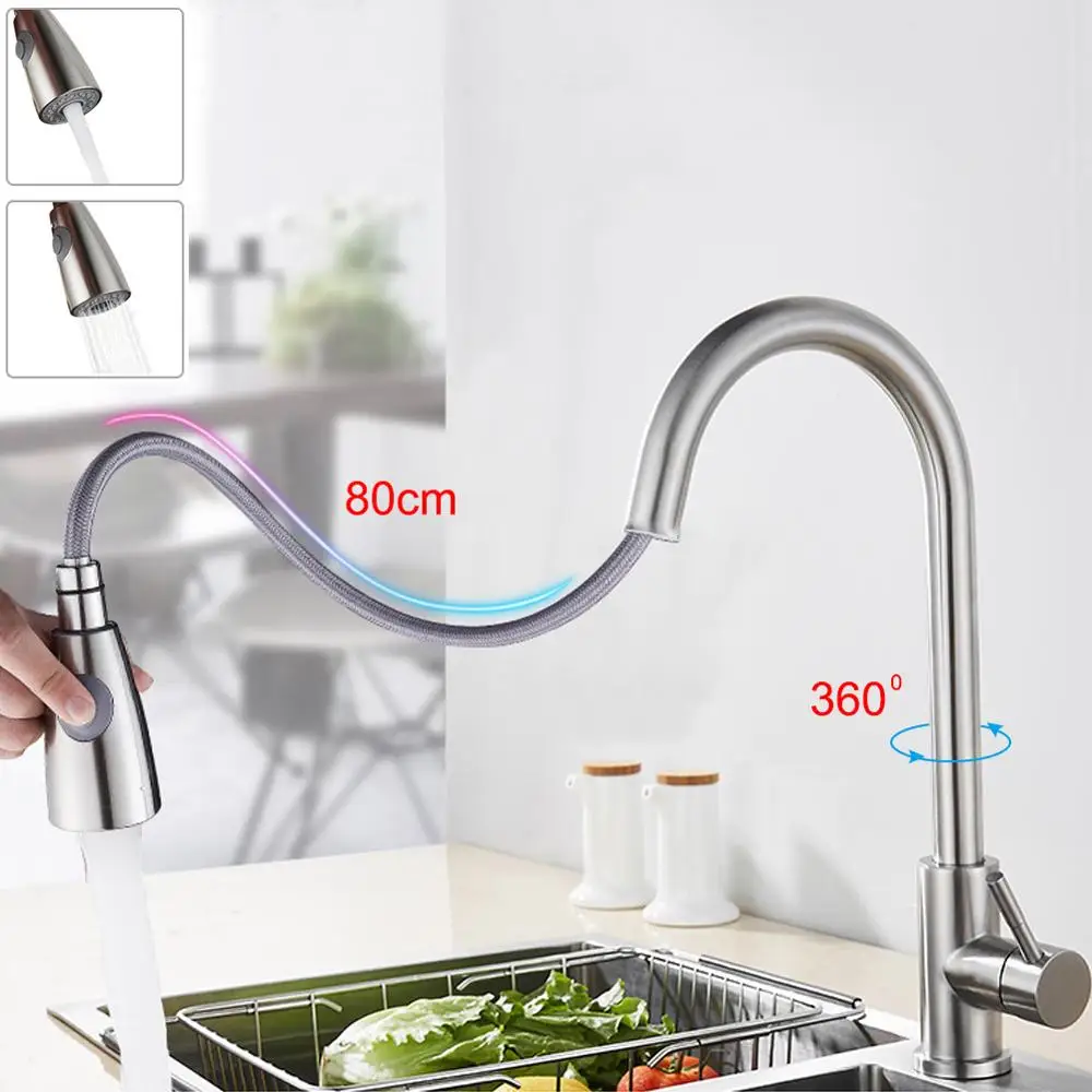 

Kitchen Faucet Pull Out Single Hole Spout Kitchen Sink Mixer Tap Stream Sprayer Head Chrome 360 Rotation