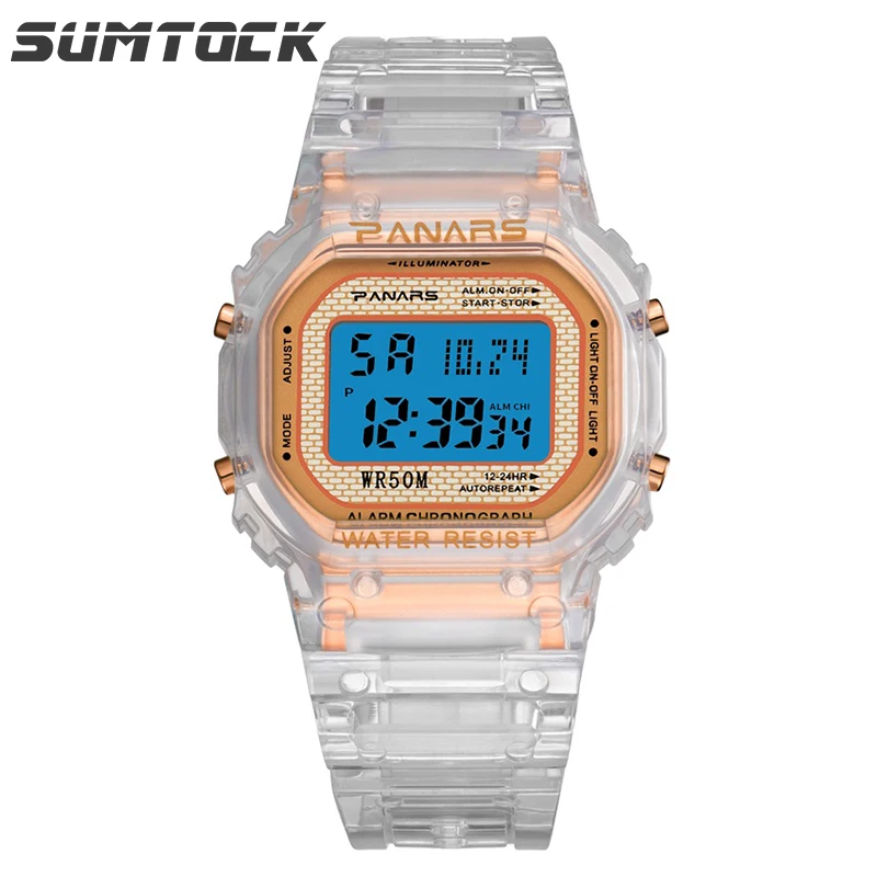 

Sumtock Digital Watch Unisex 5Bar Swim Waterproof Transparent Watch Band Fashion Casual Men Women Sport Wristwatch