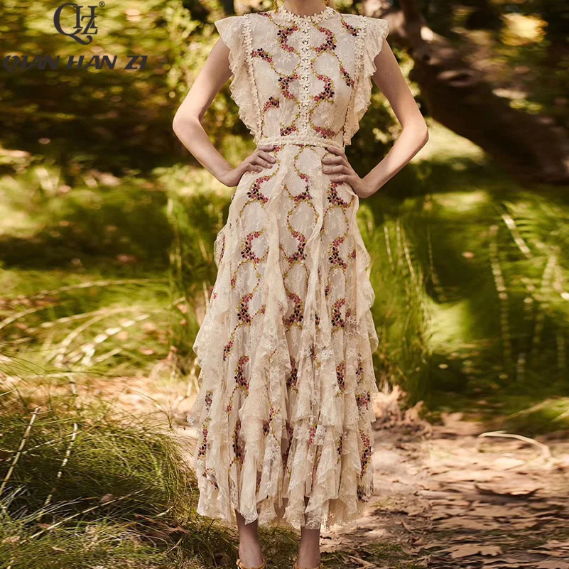 

Qian Han Zi 2020 Designer Fashion summer long dress Women's ruffled sleeves High-quality lace embroidered maxi dress