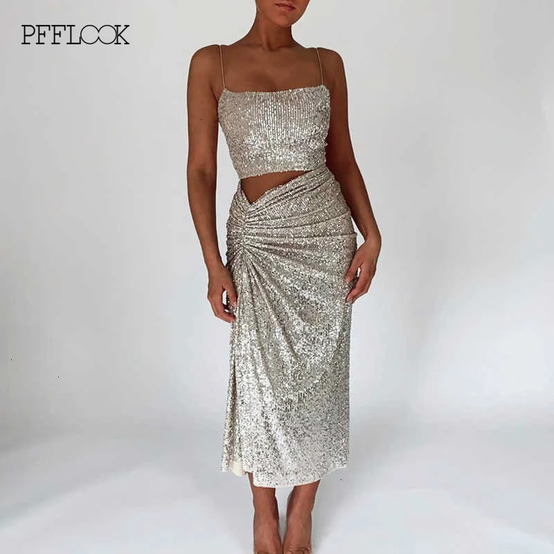 Блестящее сексуальное платье PFFLOOK с блестками женское на шнуровке открытыми