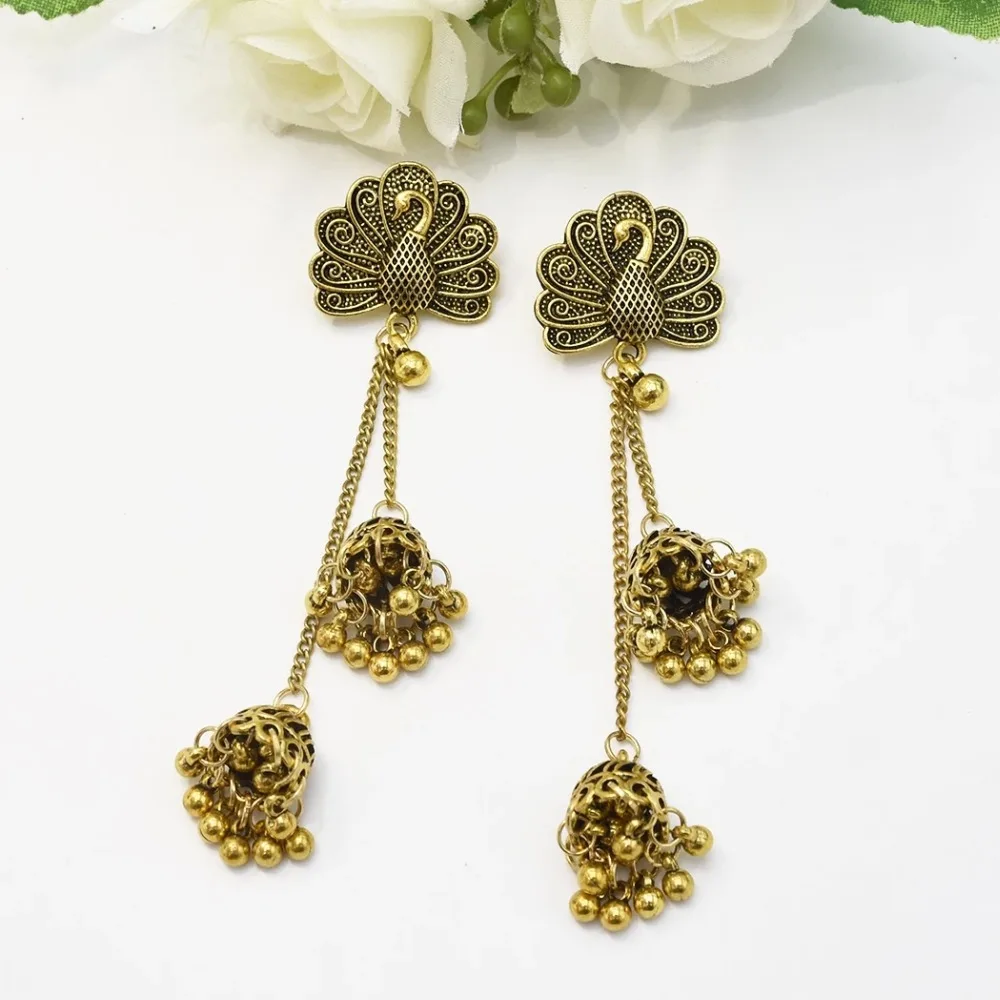 Афган Серебряный Павлин колокольчики длинная ниспадающая кисточка Jhumka серьги в индийском стиле Бохо окисленные ювелирные изделия Свадебная вечеринка Племенной этнический ювелирные изделия