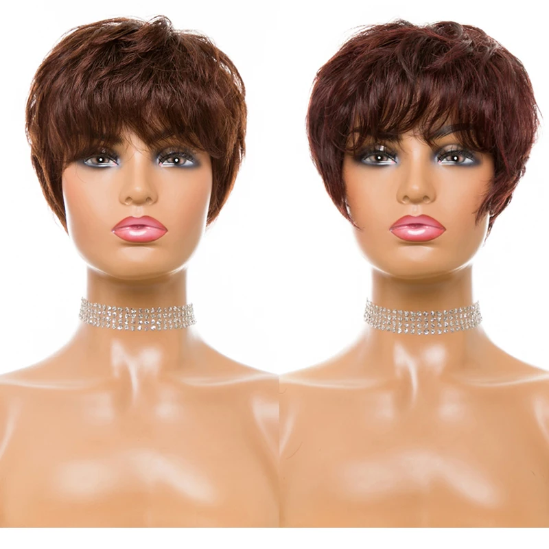 

Short Cut Straight Hair Wig 70% Peruvian Remy Human Hair Full Wigs For Women Brown Red Color Hair With Bangs Wig
