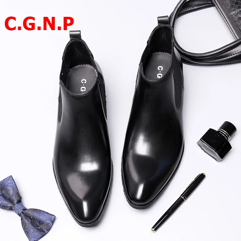 

C.G.N.P Mens Short Boots Luxury Genuine Leather Pointed Toe Ankle Boots Breathable Handmade Chelsea Boots Men Dress Shoes