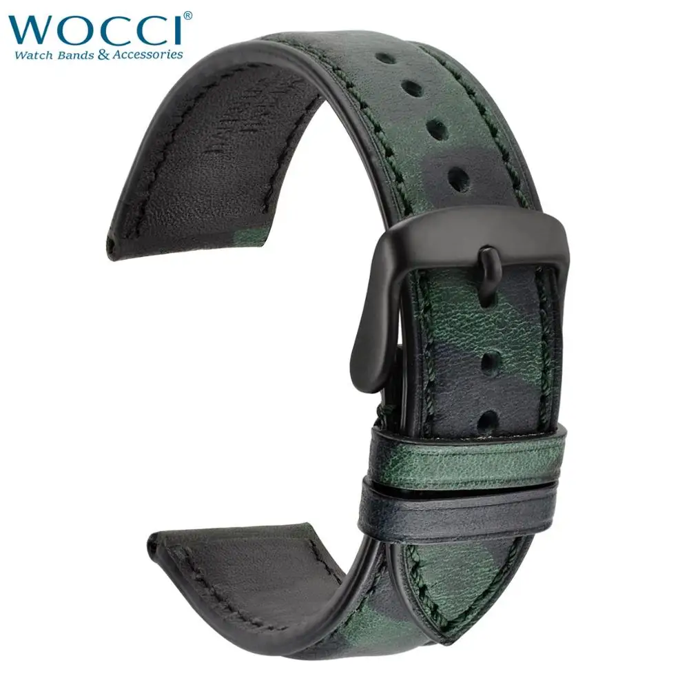 WOCCI Camo Green Leather Watch Band 18mm 20mm 22mm Strap Sport Style Black Buckle For Men Wristwatch Replacement Bracelet | Наручные часы