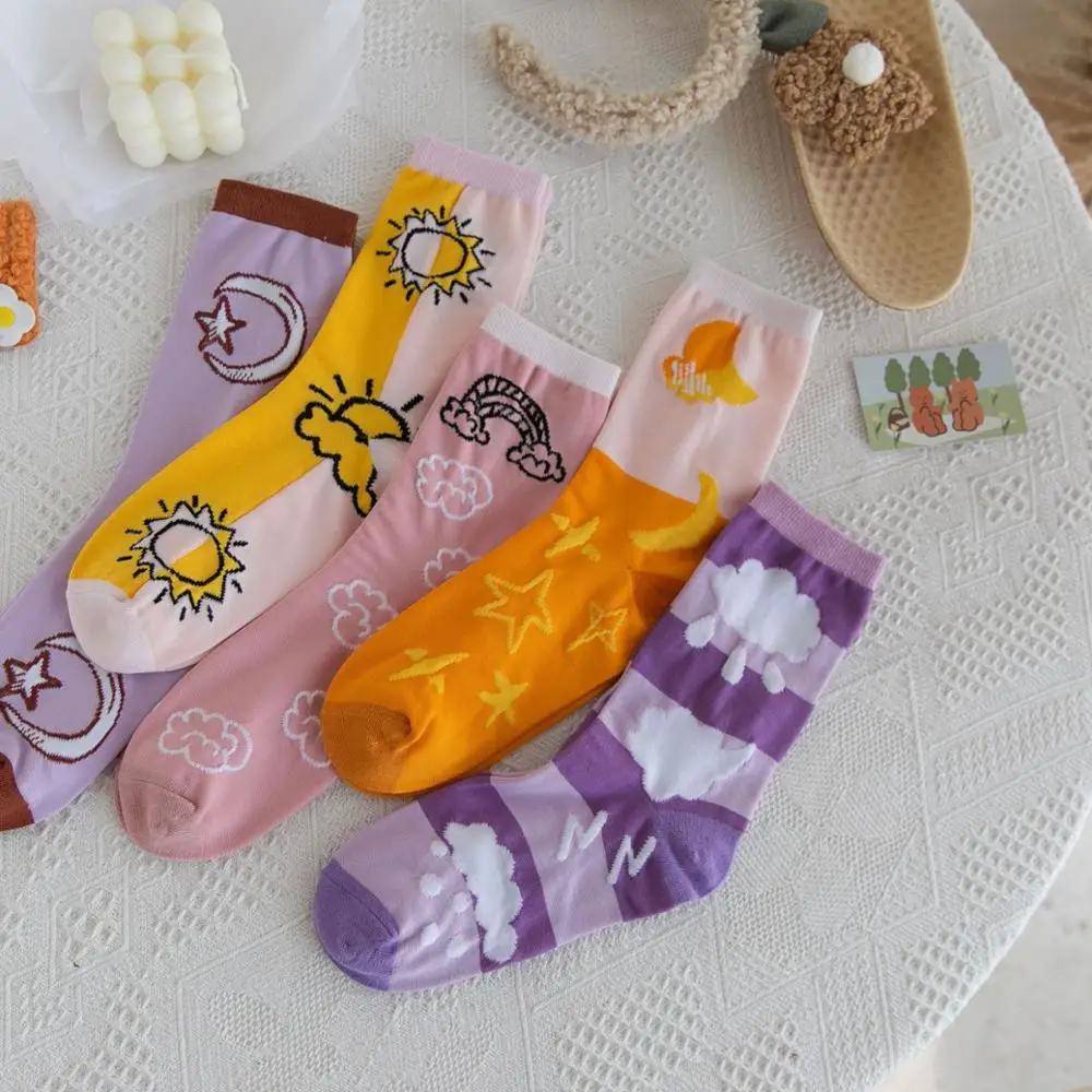 

Korean Style Harajuku Kawaii Socks Girls Preppy Style Cartoon Meteorological Series Mid-Tube Thin Spring Summer Socks Streetwear