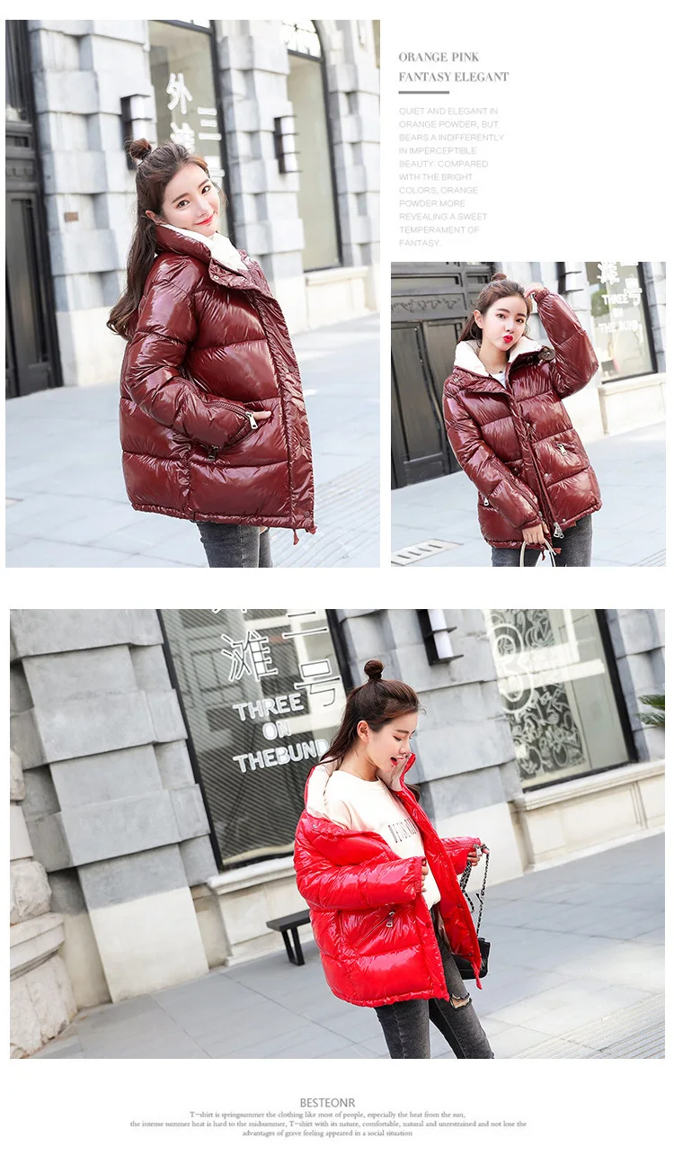 NIJIUDING 2018 New Fashion Metal Solid Black Red Bright Jackets Coats Women's Winter Warm Down Cotton Padded Long Parkas Outwear (7)