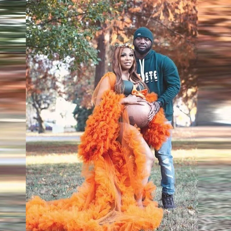 

Orange Puffy Tulle Dresses Long Sleeves Sheer See Through Women Tulle Maternity Dress For Photography Tulle Robes