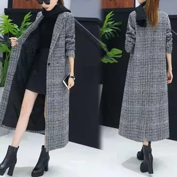 

Women Wool Coat Plaid Loose Trench Long Single Breasted Turn-Down Collar 2020 Fashion Woolen Autumn Winter Overcoat Trenches