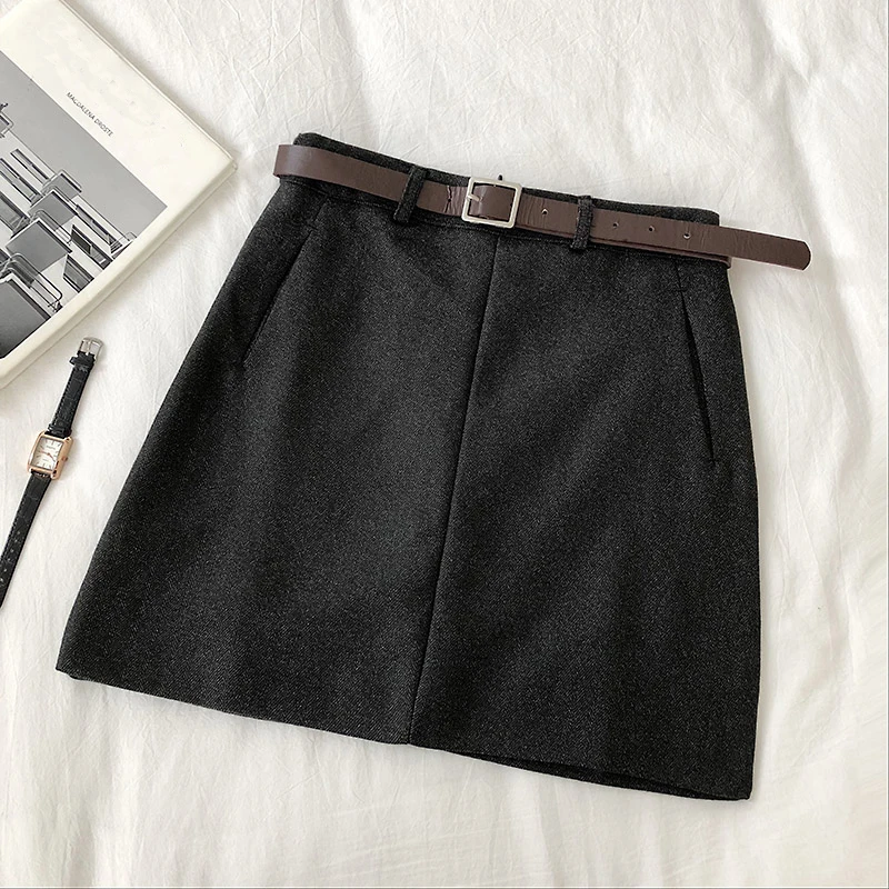 Women Sashes Chic Skirt Autumn Winter Harajuku Solid High Waist Casual A-line Skirt Females Fashion Pocket Belt Mini Skirts - Цвет: Темно-серый