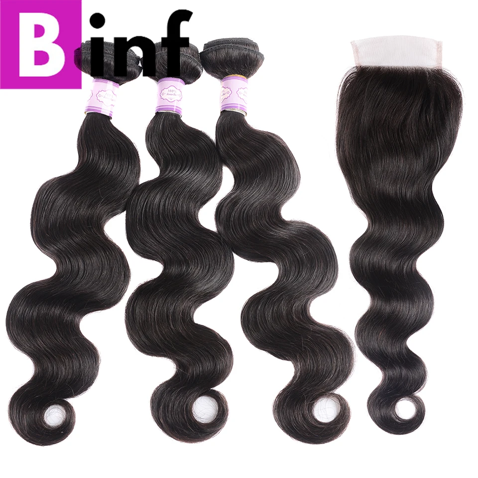 

BINF Hair 3PCS Brazilian Body Wave Bundles With Closure 100% Human Hair Weave Extensions Non Remy Hair Nature Color Free Ship