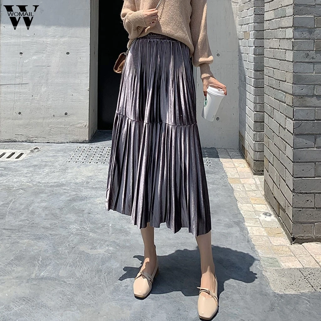 Womail, Весенняя женская длинная Плиссированная Юбка Макси цвета металлик, серебро, высокая талия, хлопок, сплошной цвет, средняя длина, длинная повседневная юбка, Afueras