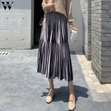 Womail, Весенняя женская длинная Плиссированная Юбка Макси цвета металлик, серебро, высокая талия, хлопок, сплошной цвет, средняя длина, длинная повседневная юбка, Afueras